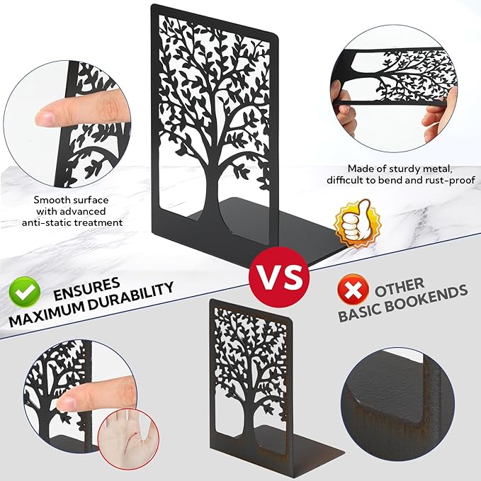 20 Pieces Book Ends for Shelves Heavy Duty Bookends Non-Skid Metal Book Holders Black Tree Design Modern Bookends for Shelves Office Home Decorative Book Stopper for Books CD(10 Pair)