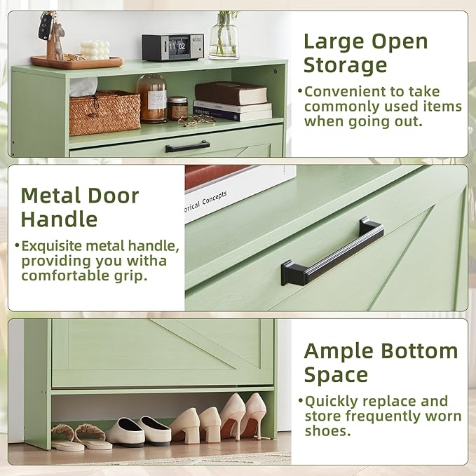 RWYHG Shoe Cabinet Storage for Entryway with 2 Flip Drawers Open Storage Layer Rack Narrow Organizer Slim Hidden Wood Shoe Cabinet Furniture Green