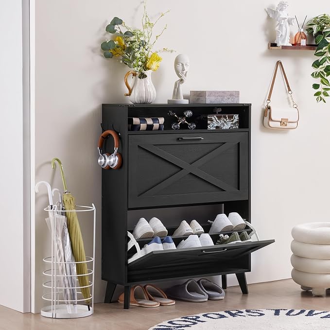 Joaxswe Shoe Cabinet Storage for Entryway with 2 Flip Drawers 2 Hook Open Storage Layer Rack Narrow Organizer Slim Hidden Wood Shoe Cabinet Furniture Black