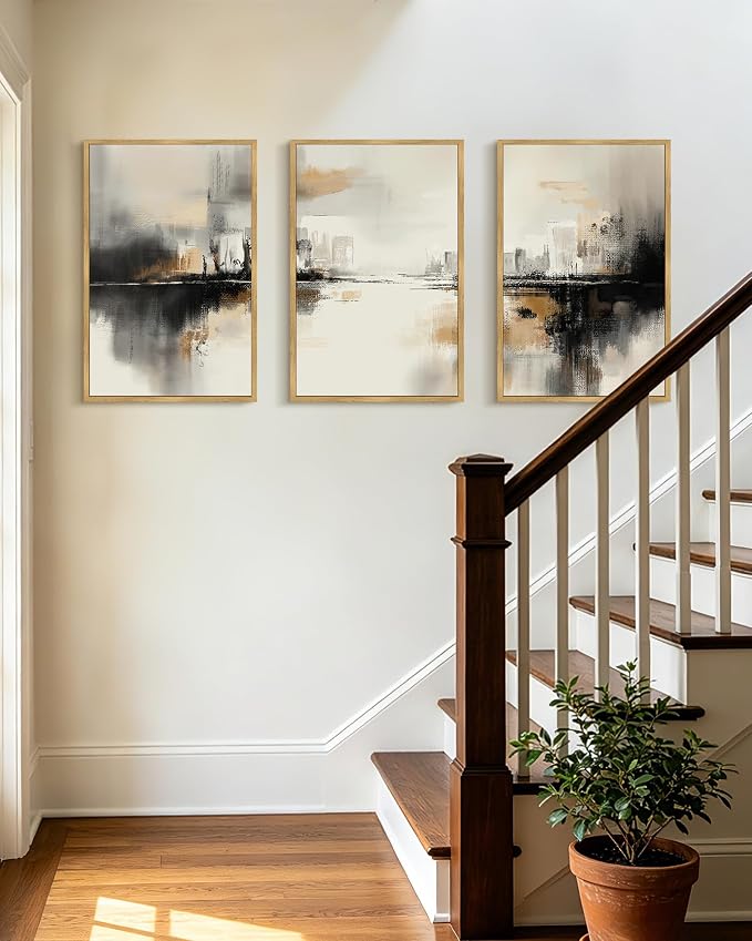 PHOPAGO Black Gray Abstract Landscape Framed Wall Art 16x24in Brown Tan Neutral Wall Decor Minimalist Modern Prints Home Decor - Natural Framed
