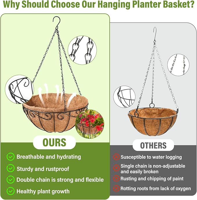 Legigo 3 Pack 12 Inch Metal Hanging Baskets for Plants Outdoor- Round Wire Hanging Planters Basket with Coconut Coir Liner, Hanging Flower Pot for Outdoor Plants Flowers Garden Decorations