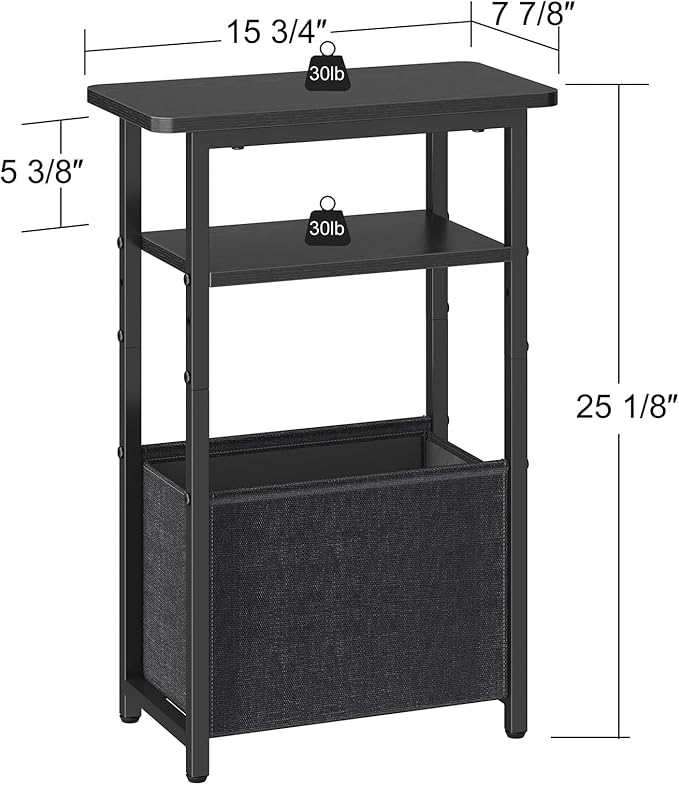 sthmec Narrow Side Table Set of 2, Skinny End Tables with Fabric Basket, Small Side Tables for Small Space,2-Tier Open Shelves with Basket, Slim Nightstands Set 2 for Bedroom,Livinroom,Office, Black