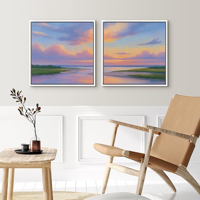 SIGNFORD Framed Canvas Print Wall Art Set Pastel Sunset Coastal Landscape Soft Color Horizon Modern Art Relax/Calm for Living Room, Bedroom, Office - 24"x24"x2 WHITE