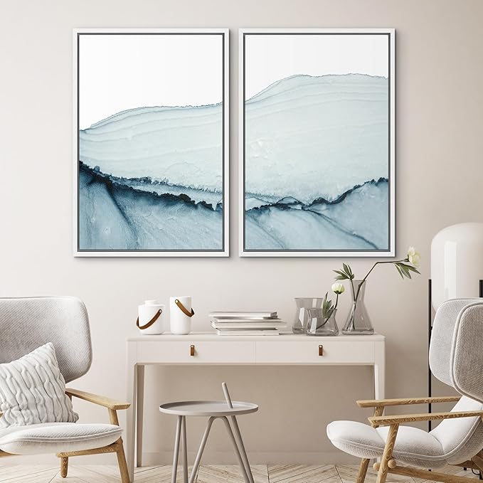 SIGNWIN Framed Wall Art Print Set Blue Paint Stroke Wave Collage Abstract Shapes Illustrations Modern Art Rustic Relax/Calm Multicolor for Living Room, Bedroom, Office - 16"x24"x2 White