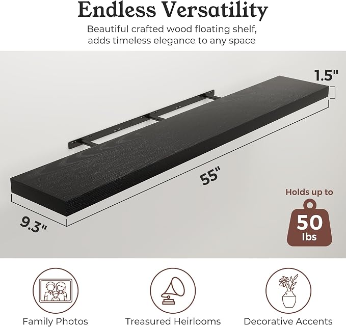 Floating Shelves for Wall, 9.3" Deep Wall Mounted Wood Shelves for Bathroom, Bedroom (Black, 55)