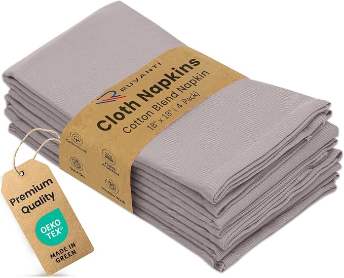 Ruvanti Cloth Napkins Set of 4, 18x18 Inches Napkins Cloth Washable, Soft, Durable, Absorbent, Cotton Blend. Table Dinner Napkins Cloth for Hotel, Lunch, Restaurant, Wedding Parties - Coffee Grey