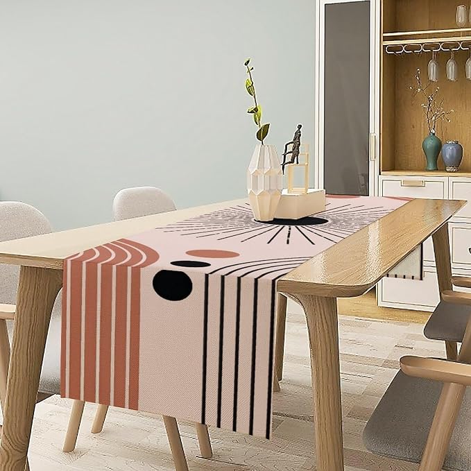 Boho Sunburst Table Runner, Abstract Geometric Waves Sun Mid Century Modern Decor Table Runner for Kitchen Dining Home Party, 13x60 Inch