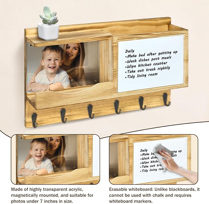 Entryway Mail Key Organizer with Built-in Magnetic Acrylic Photo Frame and Included Whiteboard, Wall-Mounted Leash Rack, 6 Hooks, 15 x 9.5 Inches, Solid Wood, Natural Brown
