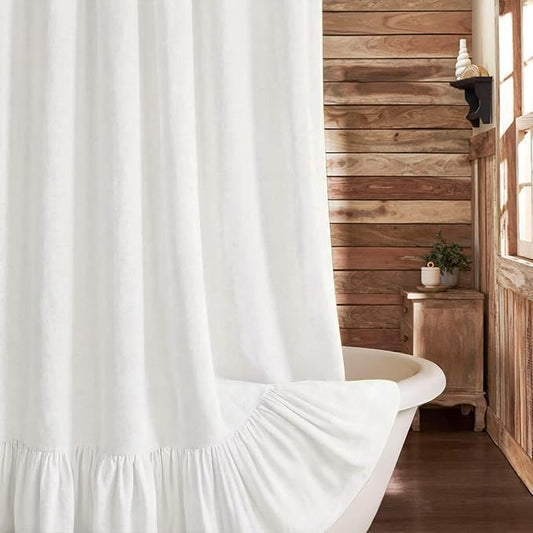 Farmhouse Shower Curtain with Ruffle Hem Linen White Shower Curtains for Bathroom Country Vintage Rustic Natural Fabric, 72" W x 72" L