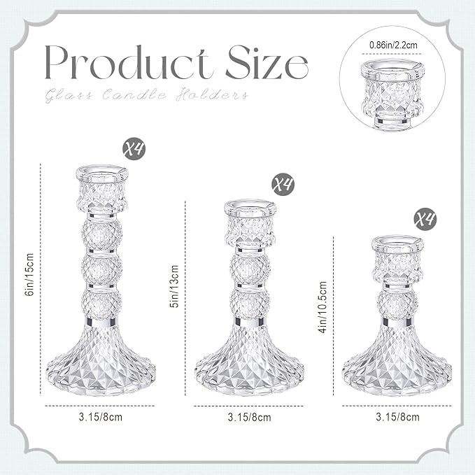 Mumufy 12 Pack Glass Taper Candle Holders Clear Candlestick Holder Fit 0.8 Inch Candles 4'' 6'' 8'' Tall Crystal Decorative Candlestick Stand Centerpiece for Table Wedding Dining Party (Vintage)
