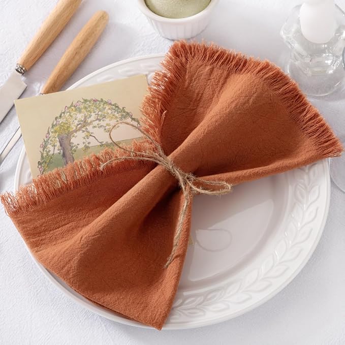 DeZerlor 6 Pack Terracotta Cotton Linen Napkins with Fringe Summer Cloth Napkins Set of 6 Boho Handmade Dinner Napkins Bulk for Wedding Bridal Baby Shower Parties, 17 x 17 Inches