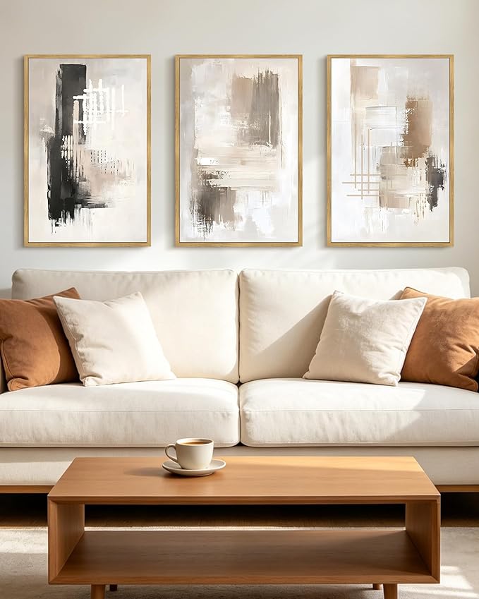 PHOPAGO Modern Abstract Framed Wall Art Large 16x24in Mid Century Minimalist Beige Pastel Neutral Wall Decor for Living Room Hallway - Natural Framed
