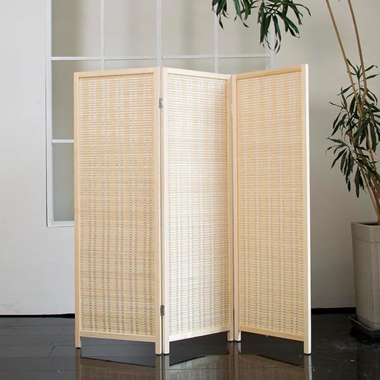 3 Panel Short Room Divider – 3.9 ft Tall Double-Side Folding Privacy Screen, Natural Beige Bamboo Partition Wall for Home Office, Living Room & Corner Spaces
