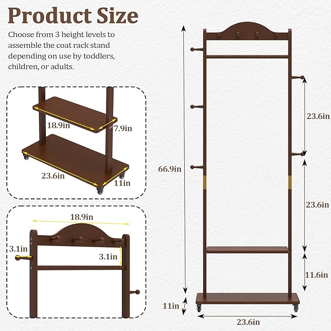 Solid Wood Clothing Rack with Wheels 2 Shelves Storage & 9 Hooks Heavy Duty Coat Rack Freestanding Clothes Rack Coat Tree Stand Hat Hanger Rack for Living Room Corner,835 Walnut