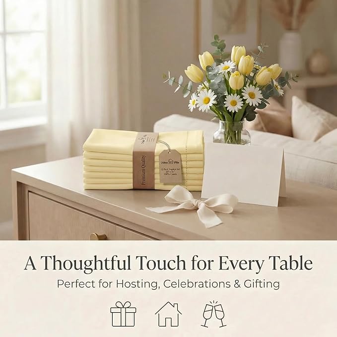 Urban Villa Cloth Napkins 100% Cotton Highly Absorbent Washable Reusable Premium Dinner Napkins Ideal for Gifts for Mothers Day Hotel Farmhouse Parties - Yellow - Hemstitch (20" x 20", Set of 12)