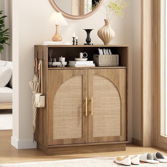 HOKYHOKY Rattan Shoe Storage Cabinet with 2 Arched Doors, 5-Tier Deep Shoe Organizer with Adjustable Shelves, Farmhouse Boho Shoe Rack Cabinet for Entryway,Rustic Oak