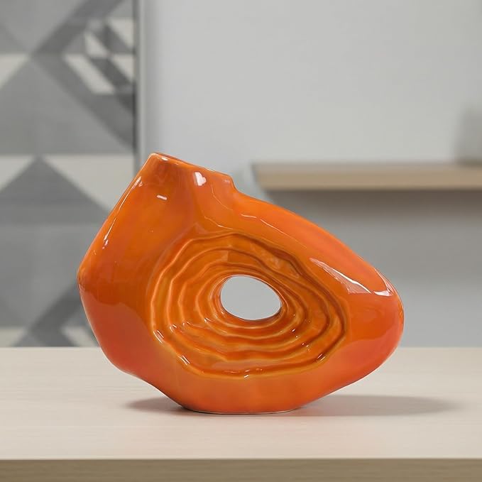Sunddo Orange Ceramic Vase for Home Decor, 7 Inch Small Donut Flower Vases for Decor, Modern Decorative Vase, Centerpiece, Shelf, Table, Bookshelf, Entryway Decoration