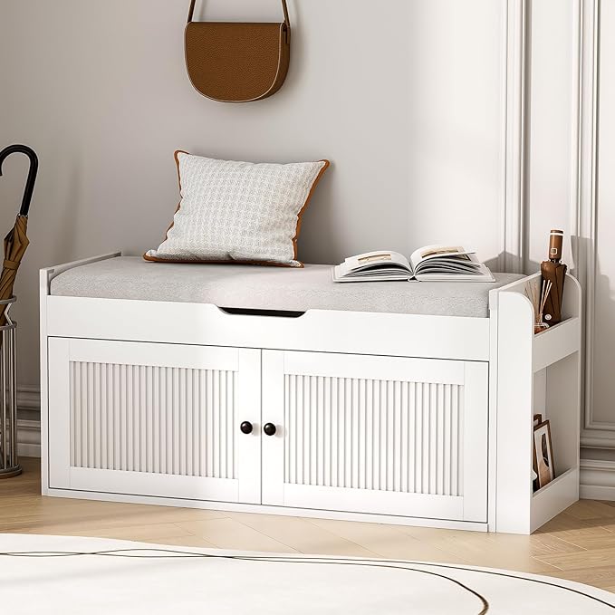 39.4" Storage Bench - Entryway Shoe Bench with Side Storage Shelves and 2 Doors, Multifunctional Entryway Bench with Lift Top Cushion, Shoe Storage Bench for Bedroom, Living Room, White
