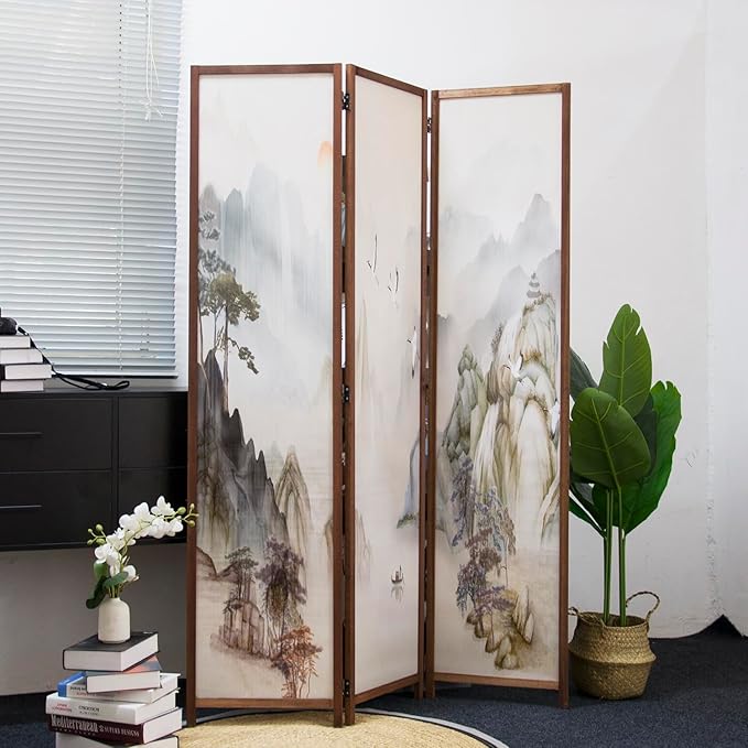 Furnnylane 3 Panel Room Divider Screen,Double Faced Room Divider Folding Wall Divider for Room Separation,Mountains and Waters Landscape,67" H x 47.2" W
