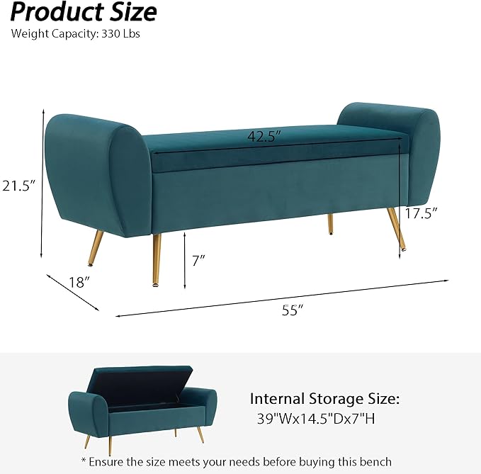Storage Bench for Bedroom, 55" Extra Long Bench for King Size Bed, Modern Upholstered End of Bed Ottoman Bench with Arms for Entryway Living Room (Velvet, Teal/Blue-Green)