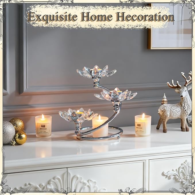 Crystal 3-Arm Flower Shaped Candle Holder, Metal Votive Tea Light Candle Holders for Table Centerpiece, Home Wedding Party Anniversary Decor (Silver, 6 Pcs-3 Arm)