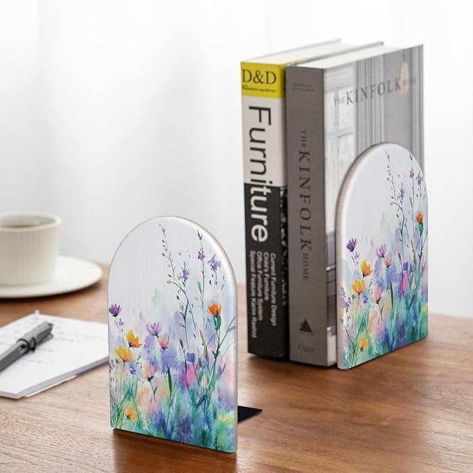 Blue Spring Flowers 2 Pack Decorative Bookends 6.7x4.2 in, Watercolor Leaves Book Ends for Home Office Library Shelves Decor Room Kitchen Desktop