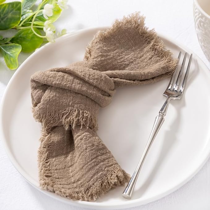 MLMC 6 Pack Nude Cloth Napkins with Fringe Boho Linen Napkins Washable Reusable Rustic Dinner Table Decor 17"×17" for Wedding Party Bridal Baby Shower Home Decor