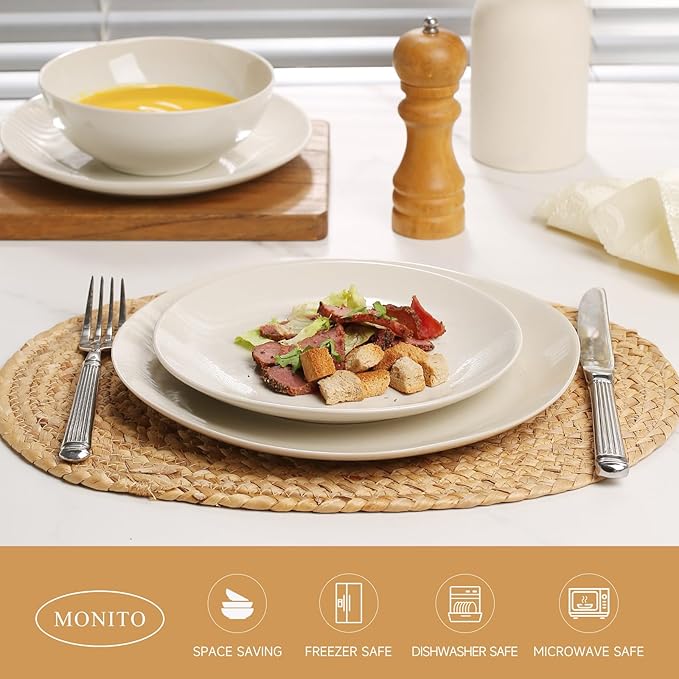 Ceramic Dinnerware 12 Pieces glazed cream white Dinner Set,Plates Pasta Bowls Cereal Bowls Reactive Change Glaze Dish Sets, Modern Stoneware Dishe (glazed cream white)