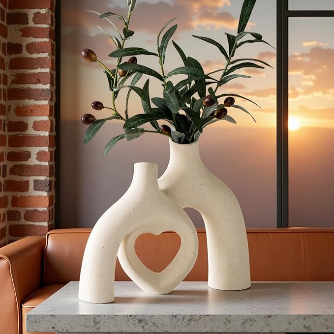 Liotww Snuggle Hollow Hug Donut Ceramic Vase, 8.3 Inch Modern Nordic Boho Style Aesthetic Decorative Flower Vases for Home Decor Pottery Barn Dining Living Room Table Shelf (Milky White)