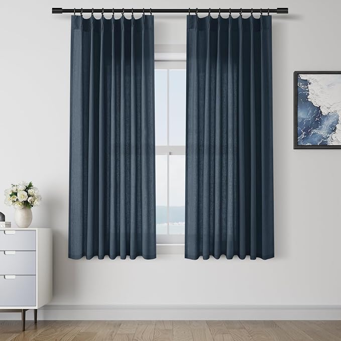 Aersas Denim Blue Pinch Pleated Linen Curtains 63 Inch Length 2 Panels for Living Room Bedroom Semi Sheer Window Curtain Boho Neutral Back Tab Pinch Pleat Drape with Hooks 40x63