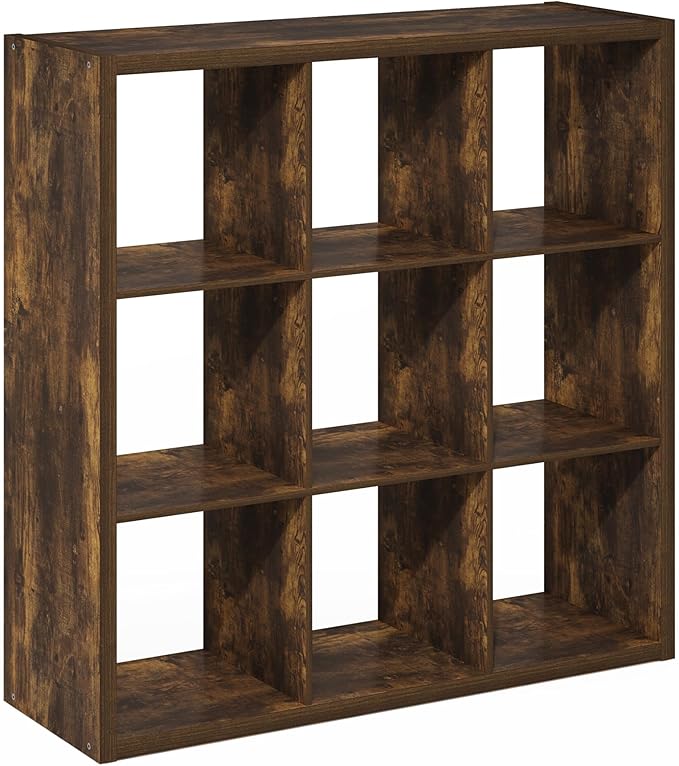 Furinno Cubicle Book Shelf, 9-Cube Bookshelf, Extra Thick Frame Reversible Bookcase with Open Back, 14.6" x 44" x 44", for Living Room, Bedroom, Home Office, Amber Pine