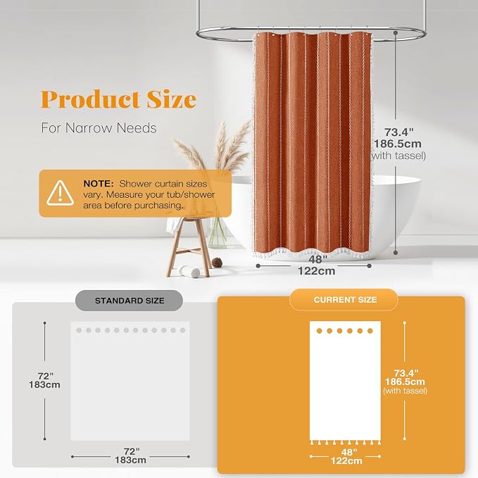 BTTN Boho Shower Stall Curtain - 48x72 Narrow Farmhouse Linen Ultra Thick Tassel Fabric Shower Curtain Set with 8 Hooks, Half Striped Camper RV Modern Country Shower Curtains for Bathroom - Orange