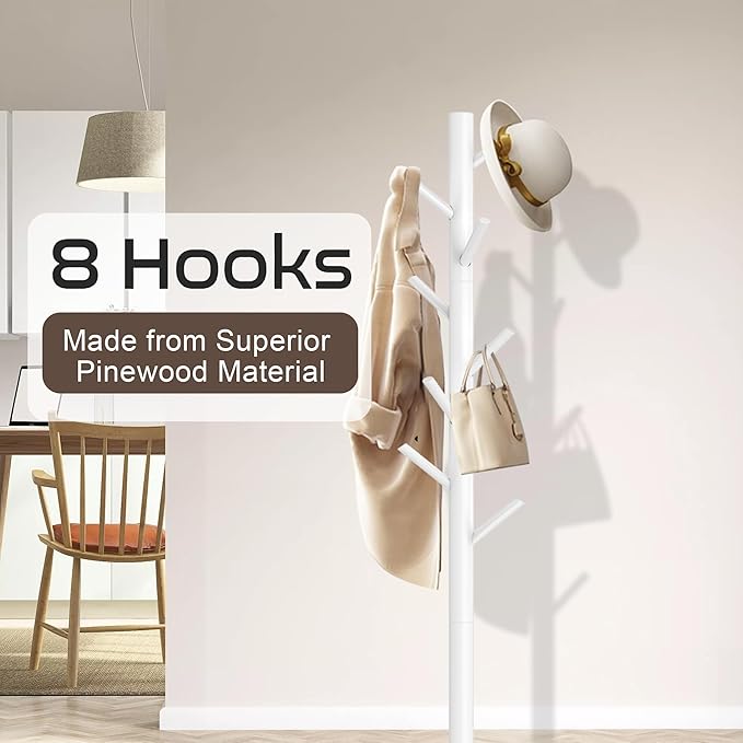 Aliphon Wooden Coat Rack Stand, Freestanding Coat Rack with 8 Hooks, 3 Adjustable Size Coat Tree for Hats, Coats, Scarves bags, Coat Hanger Stand Used in Bedroom/Office/Entryway, 2 PCS (White)