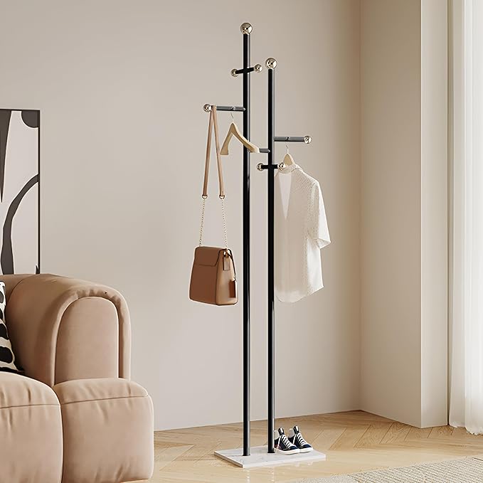 JIAYUEJU Coat Rack Freestanding with Marble Base Sturdy Coat Tree Heavy Duty Clothes Rack for Entryway Bedroom Living Room Hotel 14.96 x 10.24 x 68.9 Inches (Black)
