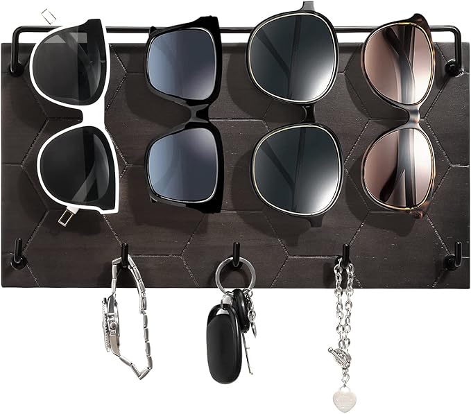 Emibele Sunglass Organizer Wall Key Holder, Decorative Wood Wall Jewelry Organizer Glasses and Sunglass Holder Display with 5 Hooks Key Rack Hanging Eyeglass Storage for Entryway Living Room, Grey