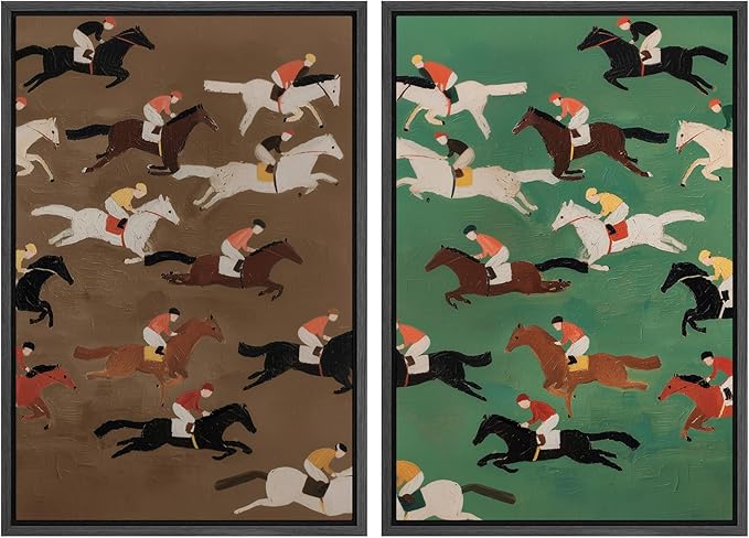 SIGNWIN Framed Canvas Print Wall Art Set Vintage Horse Racing Jockeys Illustrations Modern Art Rustic Colorful Ultra for Living Room, Bedroom, Office - 16"x24"x2 Black