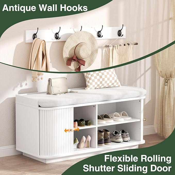 Hall Tree with Bench and Shoe Storage, Entryway Bench with Sliding Door Cabinet, Removable Padded, Metal Wall Hooks and Adjustable Storage Compartments, for Entry, Hallway, Living Room, White