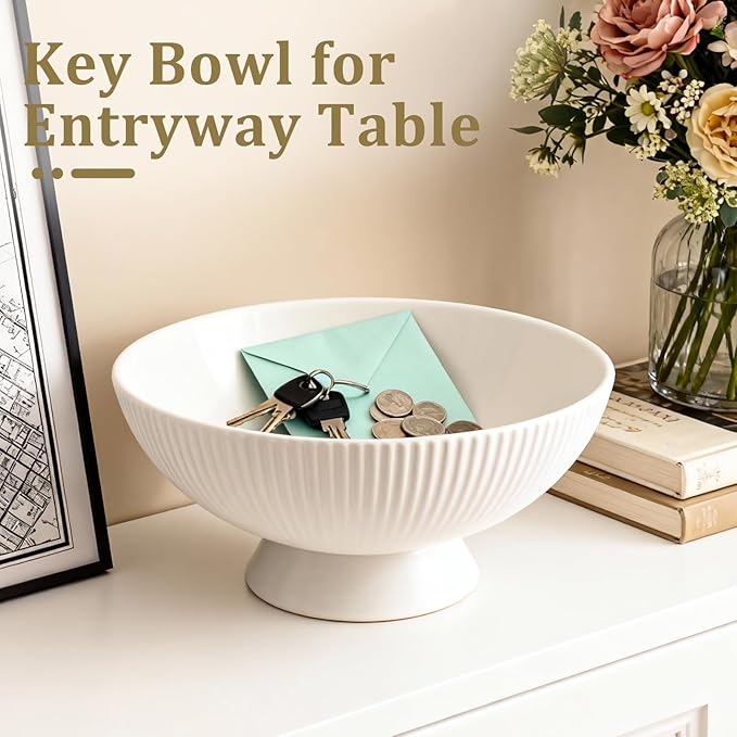 Gutedeal Small Decorative Bowl 8 Inch Multi-Use White Ceramic Fruit & Key Bowl for Kitchen, Entryway, Centerpiece Modern Handcrafted Home Decor Pedestal Bowl & Wedding Gift