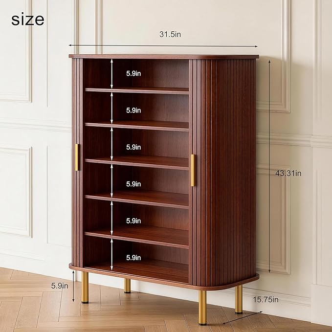 DHH Shoe Storage Cabinet with Sliding Door, 6-Tier Shoe Cabinet with Adjustable Shelves, Modern Freestanding Shoe Storage Organizer for Entryway, Hallway, Living Room (Walnut, 31.5 ")