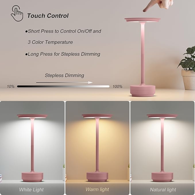 TBBGA 2 Pack Rechargeable Cordless Table Lamps, Portable 5000mAh Outdoor Table Light, 3 Color Stepless Dimming LED Table Lamp with Memory Function, for Home/Dinner/Patio/Restaurant.(Pink)