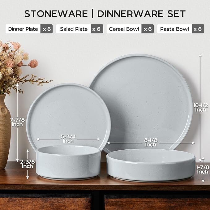 Onader Dinnerware sets, 24 Piece Plates and Bowls, Stoneware Kitchen Dinner Dish Set for 6, Ceramic Speckled Dinnerware with Pasta Bowl - Slate Gray