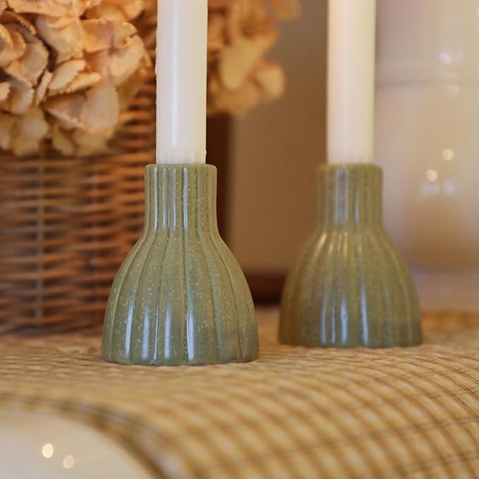 Taper Candle Holders Set of 2 Green Ceramic Candlestick for Table Centerpiece Mantel Candle Stick Stands for Wedding Dining Party Home Christmas Decoration Housewarming Gift