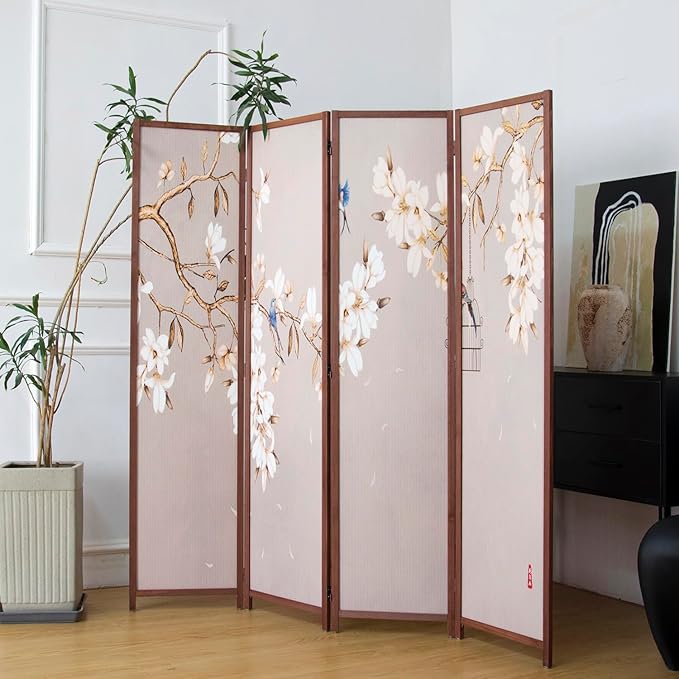 4 Panel Room Divider, 5.6 ft Tall Blackout Folding Privacy Screen - Freestanding Partition Wall with Double-Sided Patterns, Graceful Floral and Bird Artwork for Home Office (67" H x 63" W)