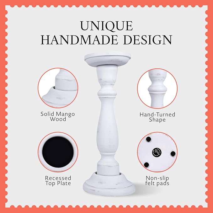 Mela Artisans 6”, 9” & 12” Mango Wood Pillar Candle Holder Set of 3 – Tuli Design Shabby Matte White – Wooden Candle Holders for Table, Mantel & Living Room Décor