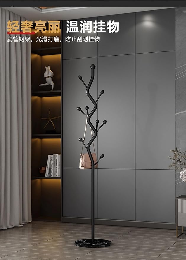 Heavy-Duty Modern Coat Rack Tree, Freestanding Metal Hall Tree with Sturdy Marble Base, Multi-Hook Entryway Organizer for Hallway, Bedroom, Living Room (All Black)