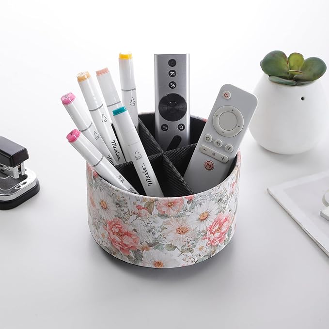 Spinning Remote Caddy for Table, 360 Degree Rotating Desk Organizer and TV Remote Holder, Decorative PU Leather Storage Basket for Bedside, Coffee Table, and Office Stationery, Peony PH128
