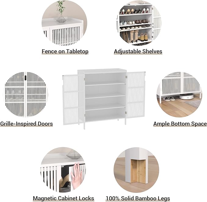 Shoe Cabinet, 20 Pair Farmhouse Shoe Organizer Cabinet, Freestanding Bamboo Wooden Shoe Storage Cabinet with Grille Doors, 5-Tier Narrow Shoe Cabinet for Entryway Hallway, White