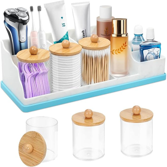 Bathroom Counter Organizer, Large Silicone Toothbrush Holders for Bathrooms with 3PCS Qtip Holder, Detachable Bathroom Organizer Countertop Toothbrush and Toothpaste Holder Makeup Organizer for Vanity
