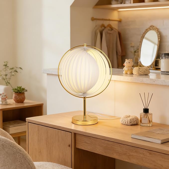 Fandian Flexible Pleated Table Lamp, Bedside Nightstand Lamp with Beige Lampshade, Morden Desk Lamp for Bedroom Home Office Decor, E26 Bulb Included