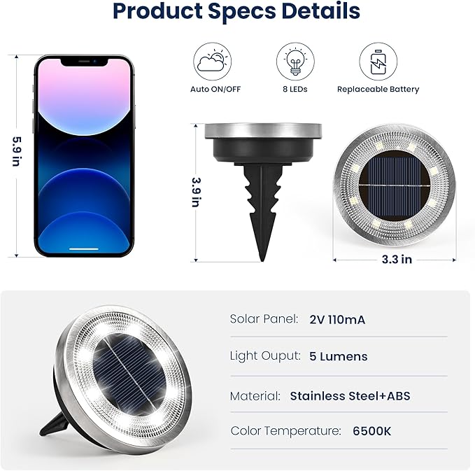SOLPEX 10 Pack Solar Ground Lights Outdoor Waterproof, Solar Powered Pathway Lights, Landscape Lighting for Garden Walkway Driveway Backyard Decor (Cool White)